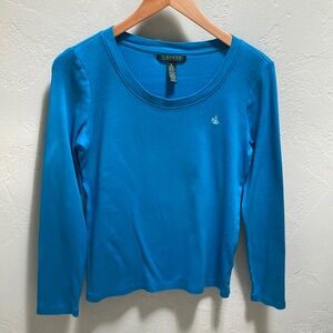 LAUREN Ralph Lauren Blue Long Sleeve 100% Cotton T-Shirt. Like New Medium